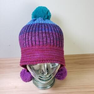 Muk Luks Big Pom Beanie‎ Hat Chunky Knit Purple Blue Ombre Whimsical Winter Cap